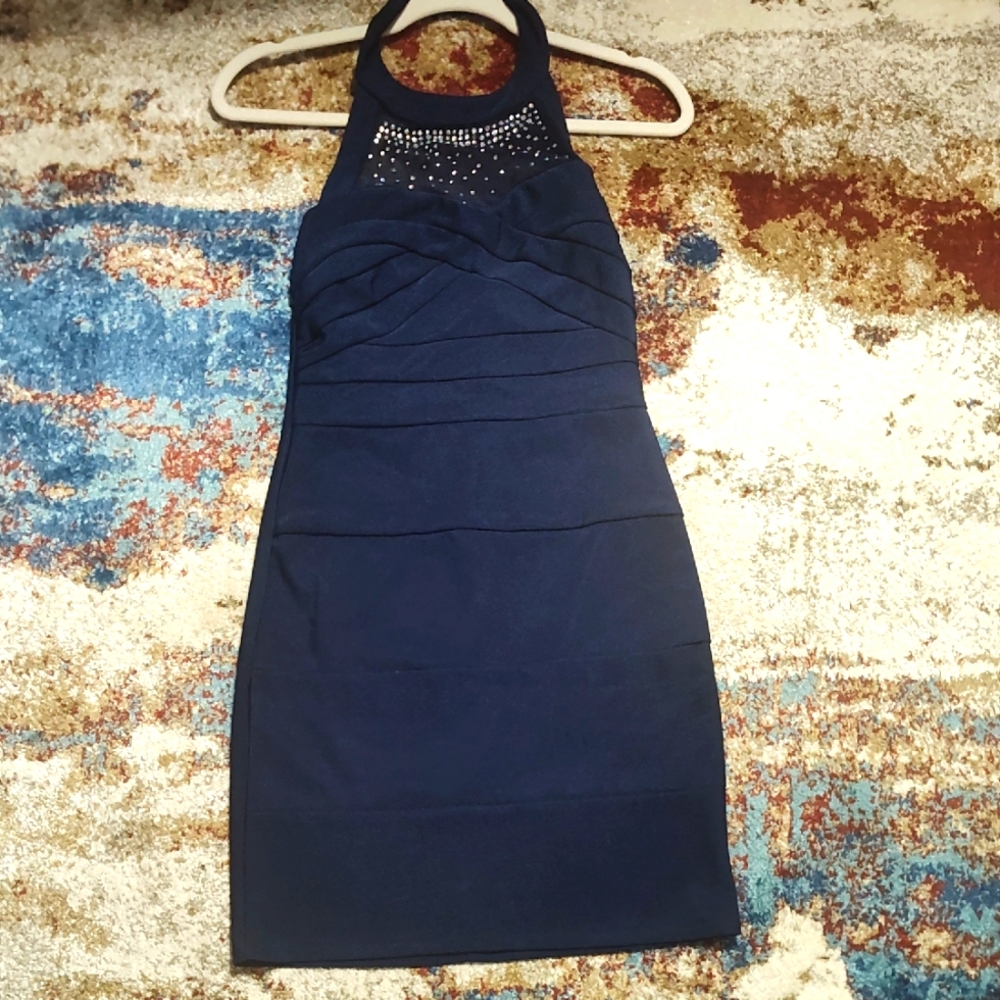 Midnight Doll Elegant Navy Blue Halter Mid Dress